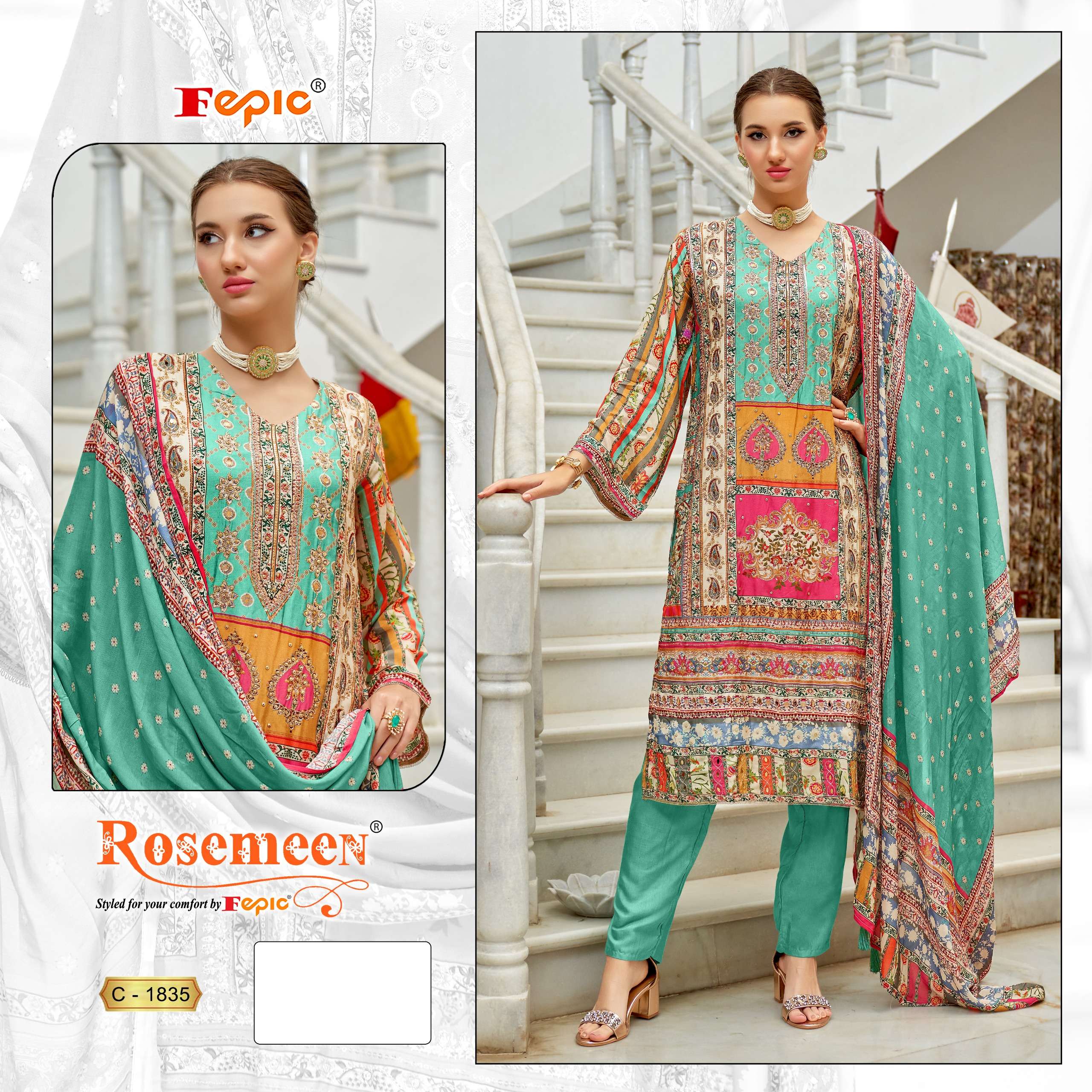 ROSEMEEN 1835 COLOURS BY FEPIC MUSLIN PRINT WORK PAKISTANI DRESSES