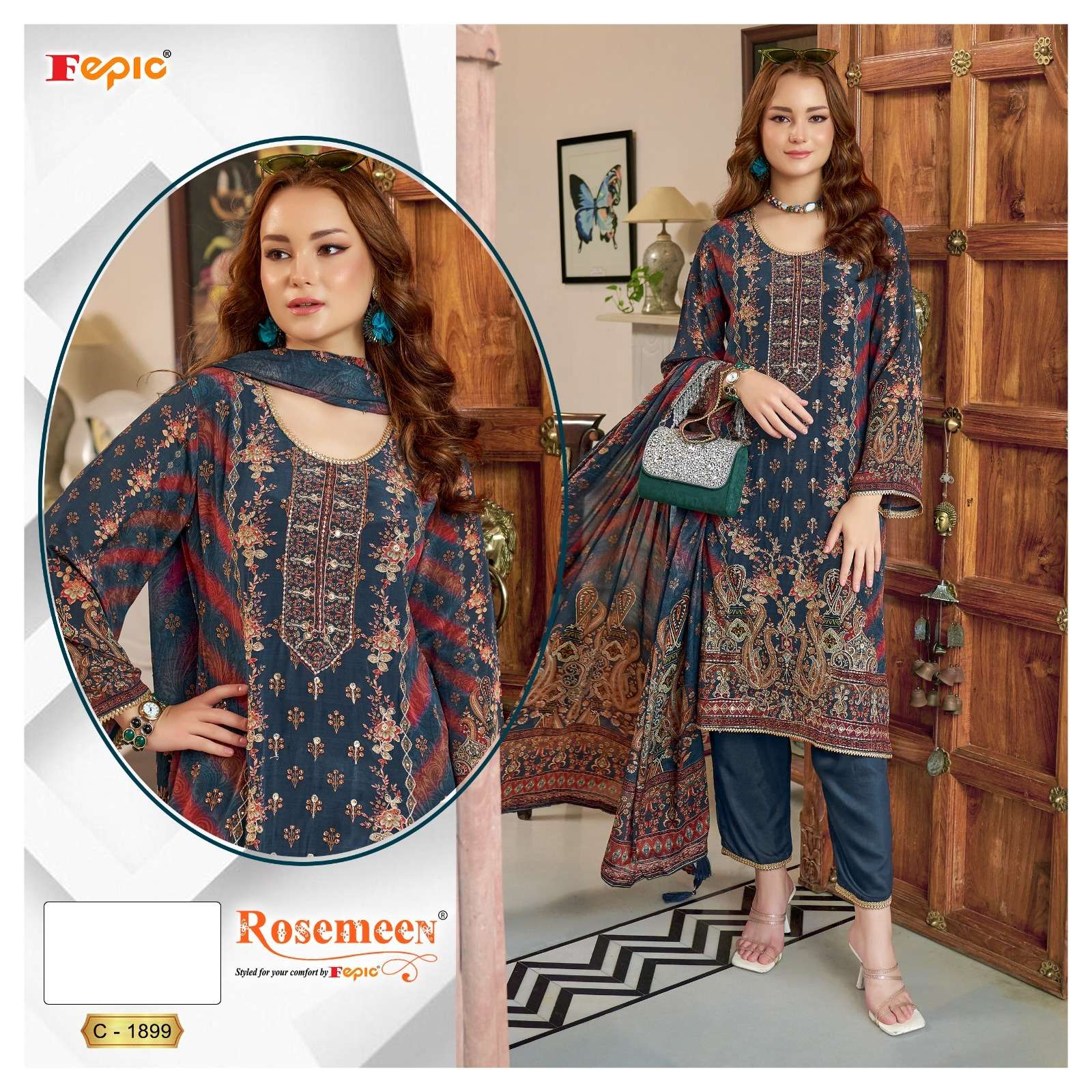 ROSEMEEN 1899 HIT DESIGN BY FEPIC NATURAL CREPE PRINT WORK PAKISTANI DRESS