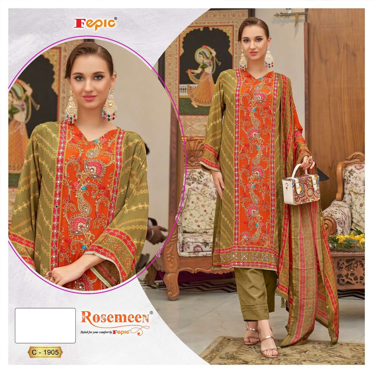ROSEMEEN 1905 BY FEPIC PURE NATURAL CREPE PRINT WORK PAKISTANI DRESS