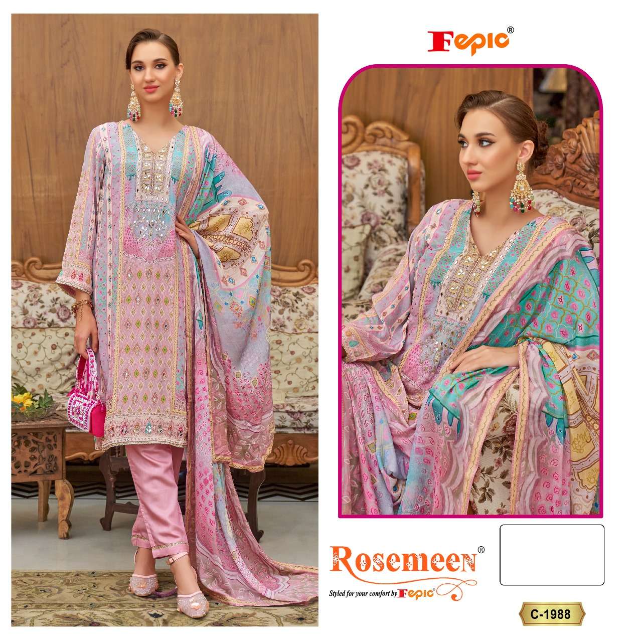 ROSEMEEN 1988 BY FEPIC CREPE PRINT EMBROIDERY WORK PAKISTANI DRESS