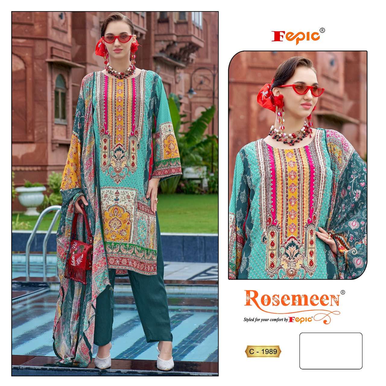 ROSEMEEN 1989 BY FEPIC NATURAL CREPE PRINT EMBROIDERY WORK PAKISTANI DRESS