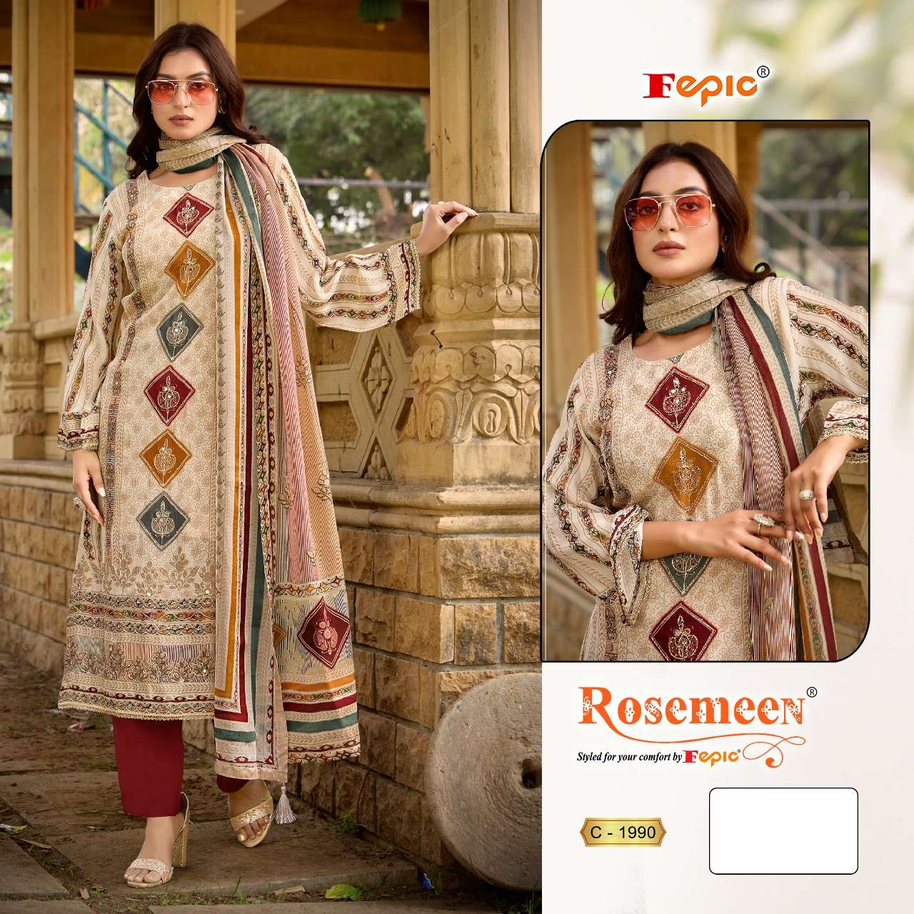 ROSEMEEN 1990 BY FEPIC PURE NATURAL CREPE PRINT EMBROIDERY WORK DRESS