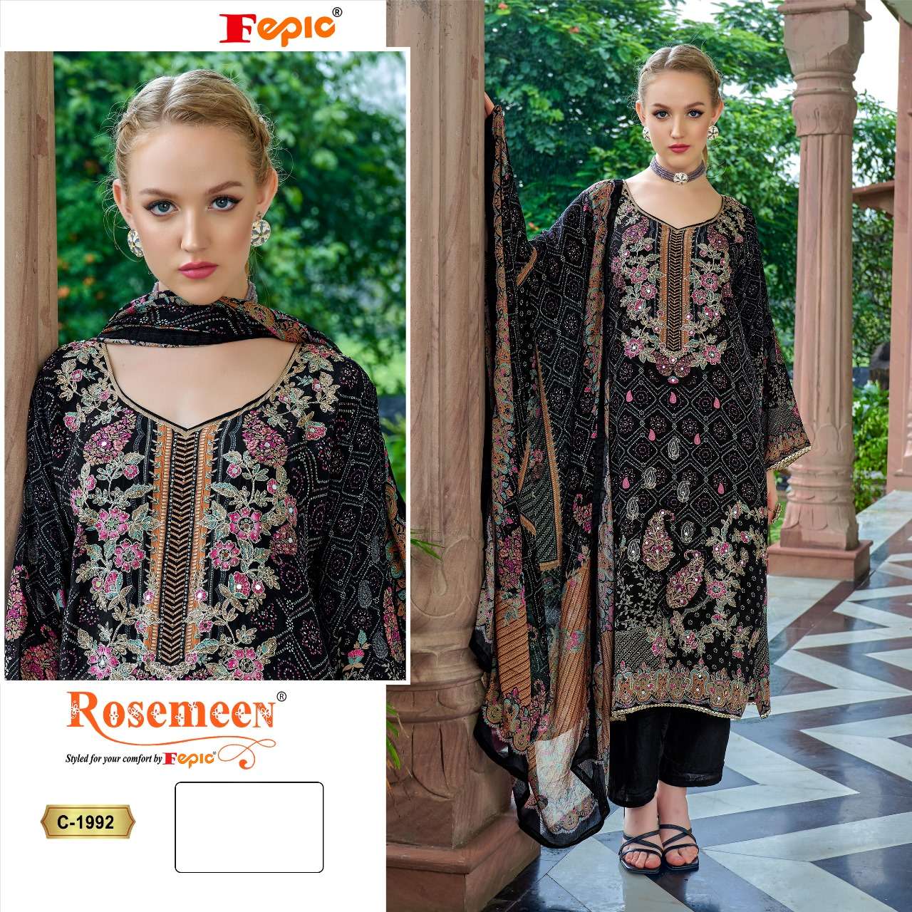 ROSEMEEN 1992 BY FEPIC NATURAL CREPE PRINT EMBROIDERY PAKISTANI DRESS