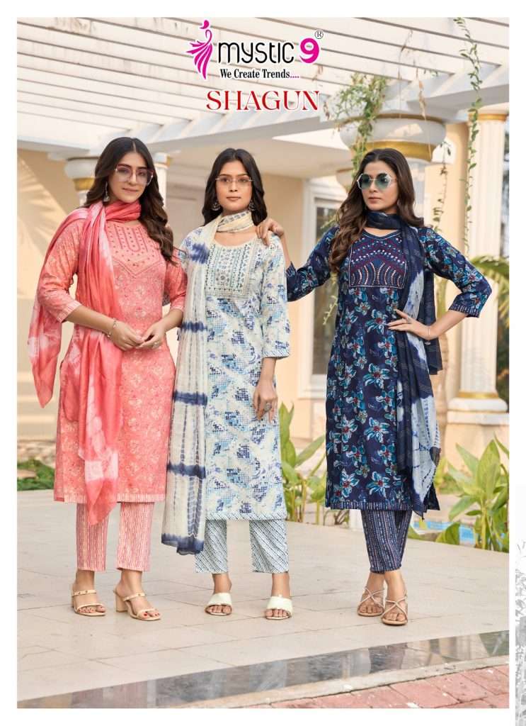 SHAGUN VOL-15 BY MYSTIC9 15001 TO 15008 SERIES RAYON WORK READYMADE DRESSES