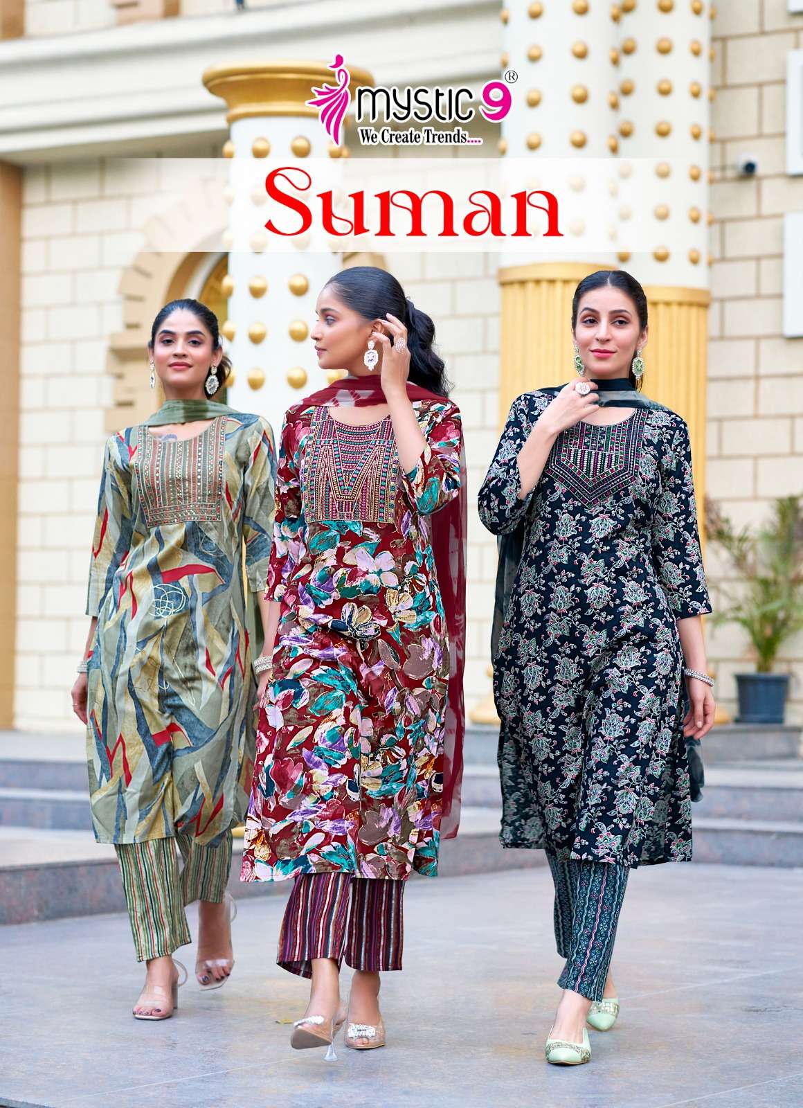 SUMAN VOL-3 BY MYSTIC9 RAYON FOIL PRINT WORK READYMADE DRESSES