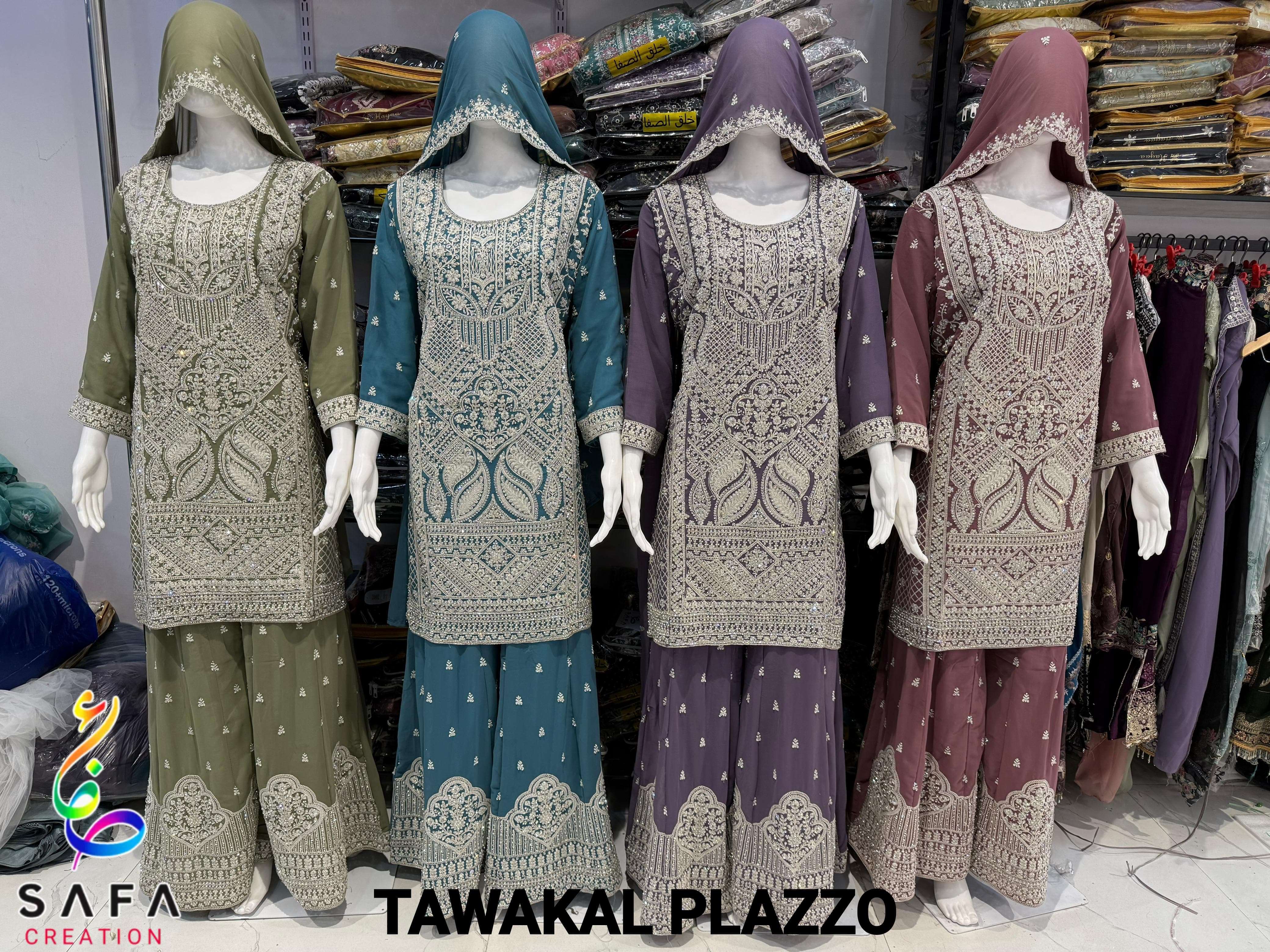 TAWAKKAL PLAZZO BY AQSAWHOLESALE GEORGETTE HEAVY WORK DRESSES