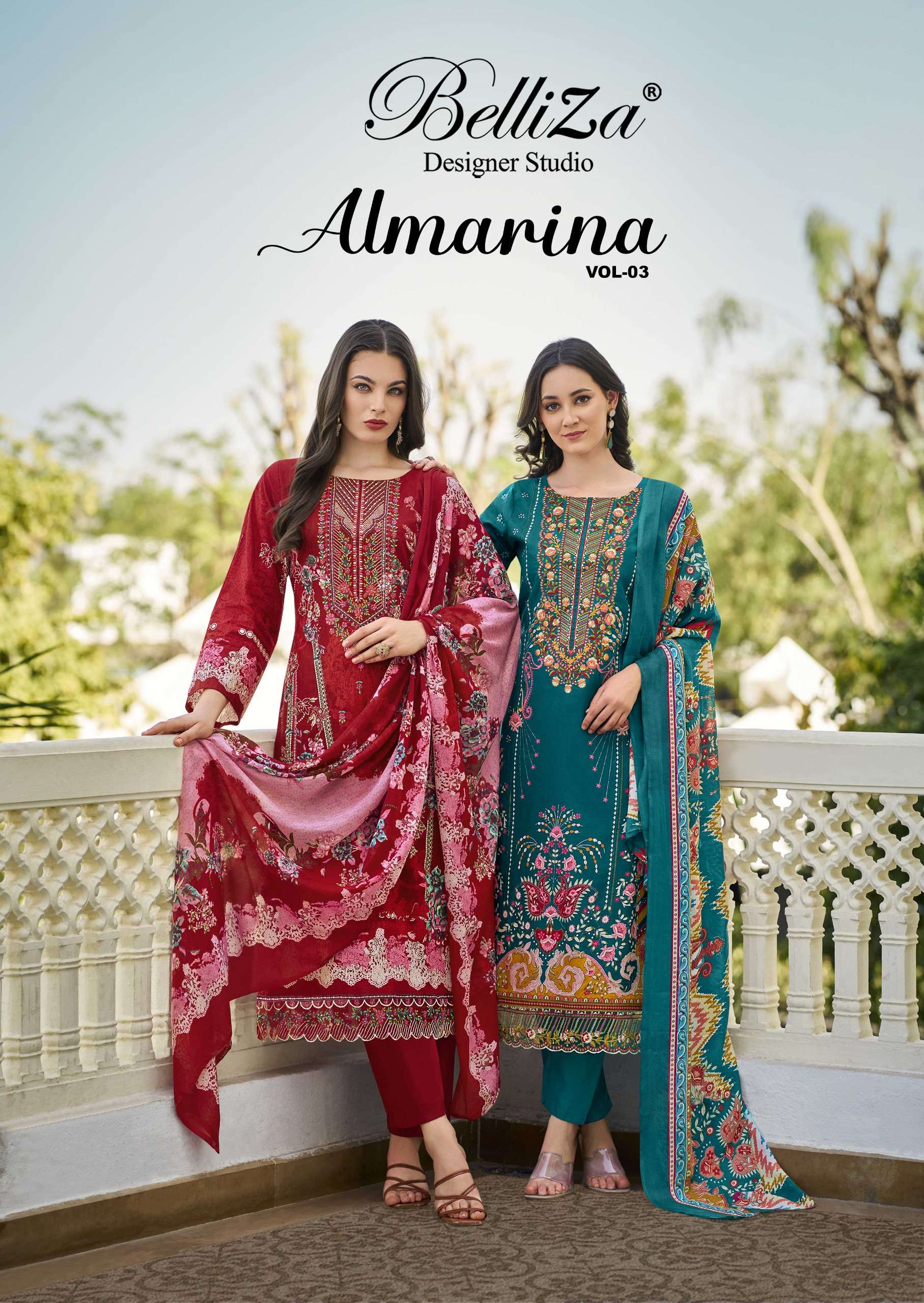 ALMARINA VOL-3 BY BELLIZA 839-001 TO 839-008 SERIES COTTON PRINT WORK DRESSES
