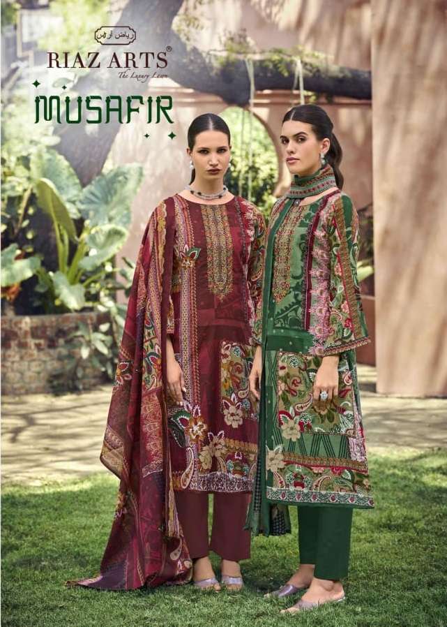 MUSAFIR VOL-23 BY RIAZ ARTS 101 TO 104 SERIES CAMBRIC PRINT WORK DRESSES