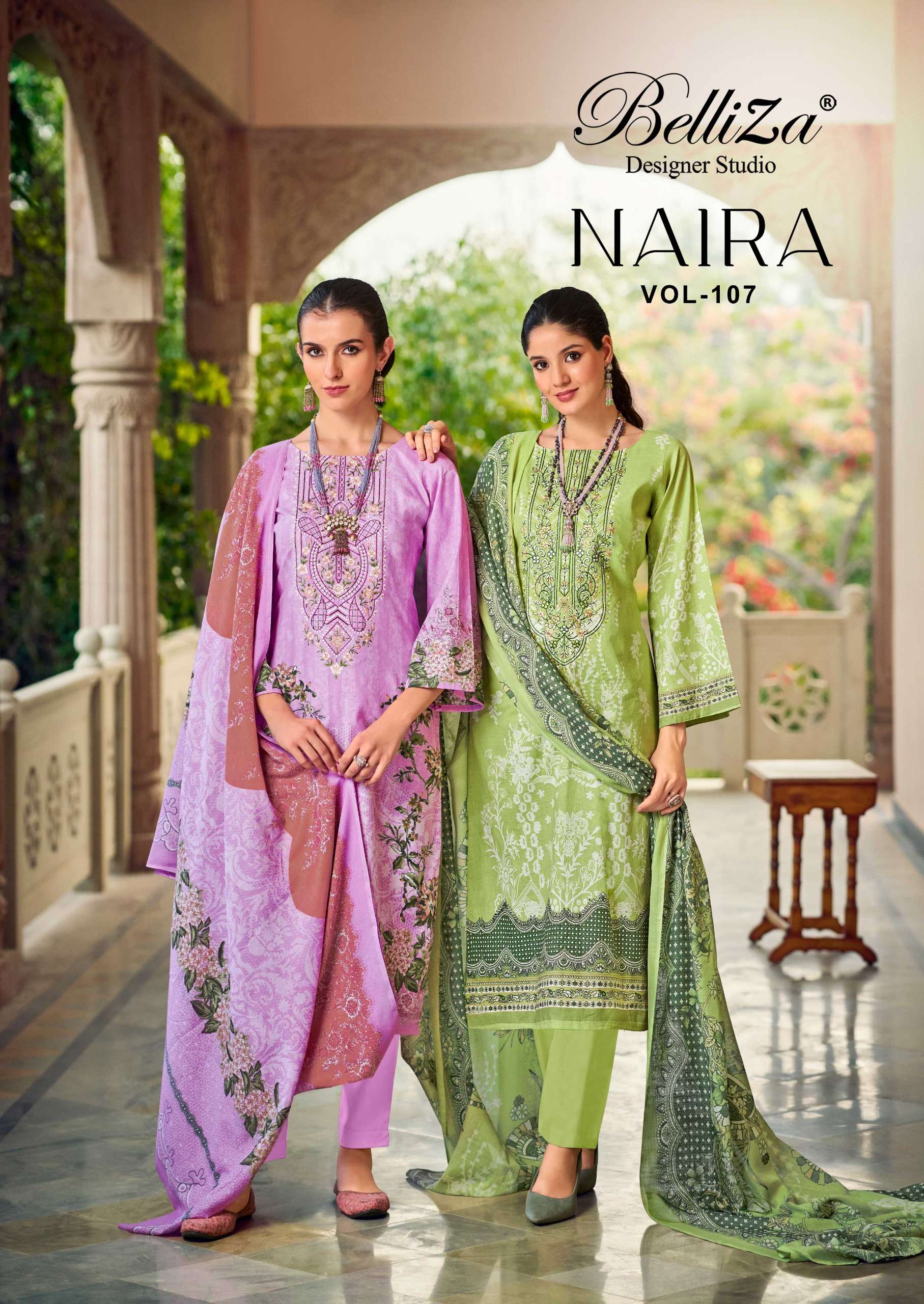 NAIRA VOL-107 BY BELLIZA 853-001 TO 853-008 SERIES COTTON PRINT WORK DRESSES