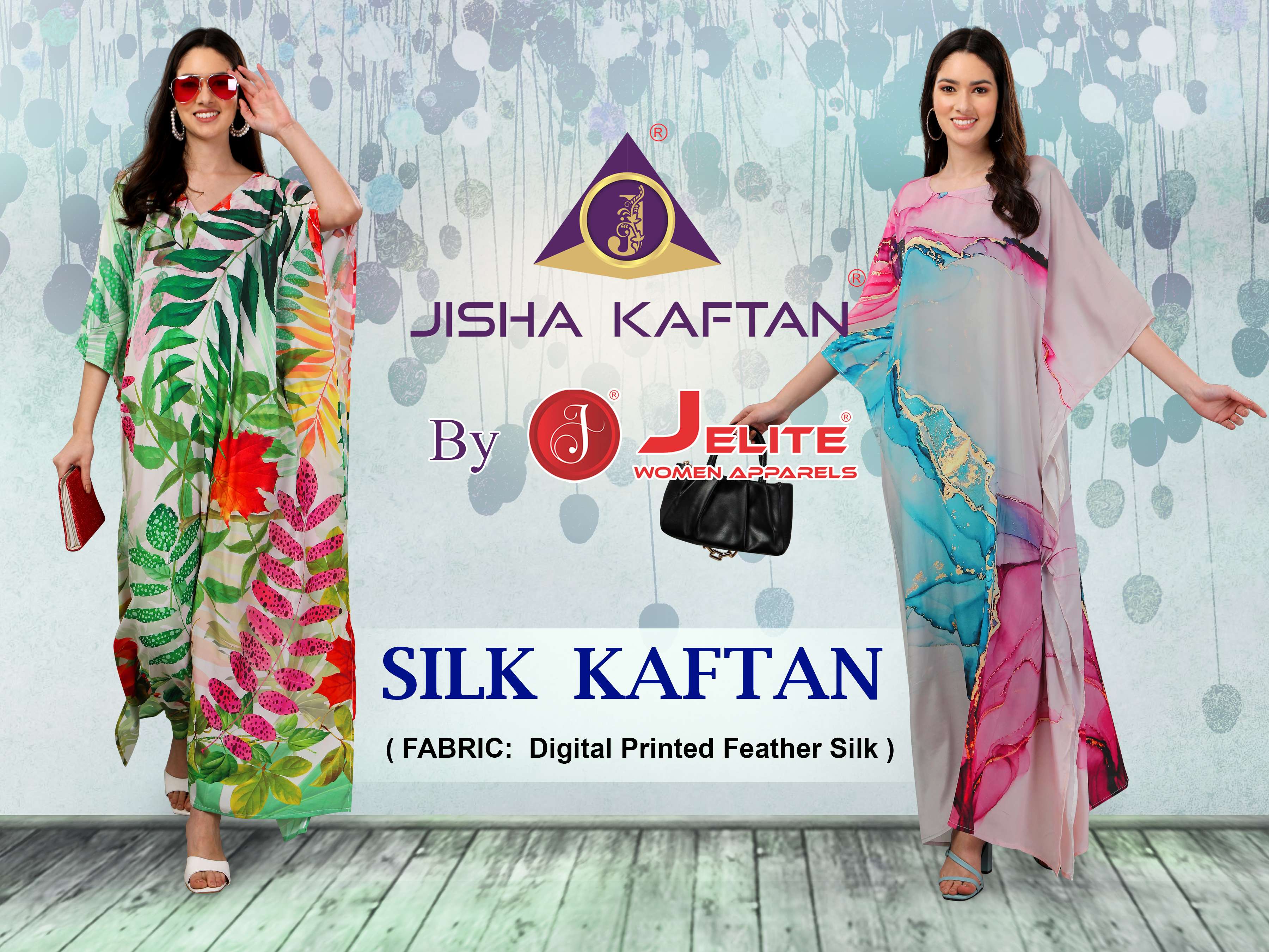SILK KAFTAN BY JISHA FEATHER SILK PRINT KAFTANS
