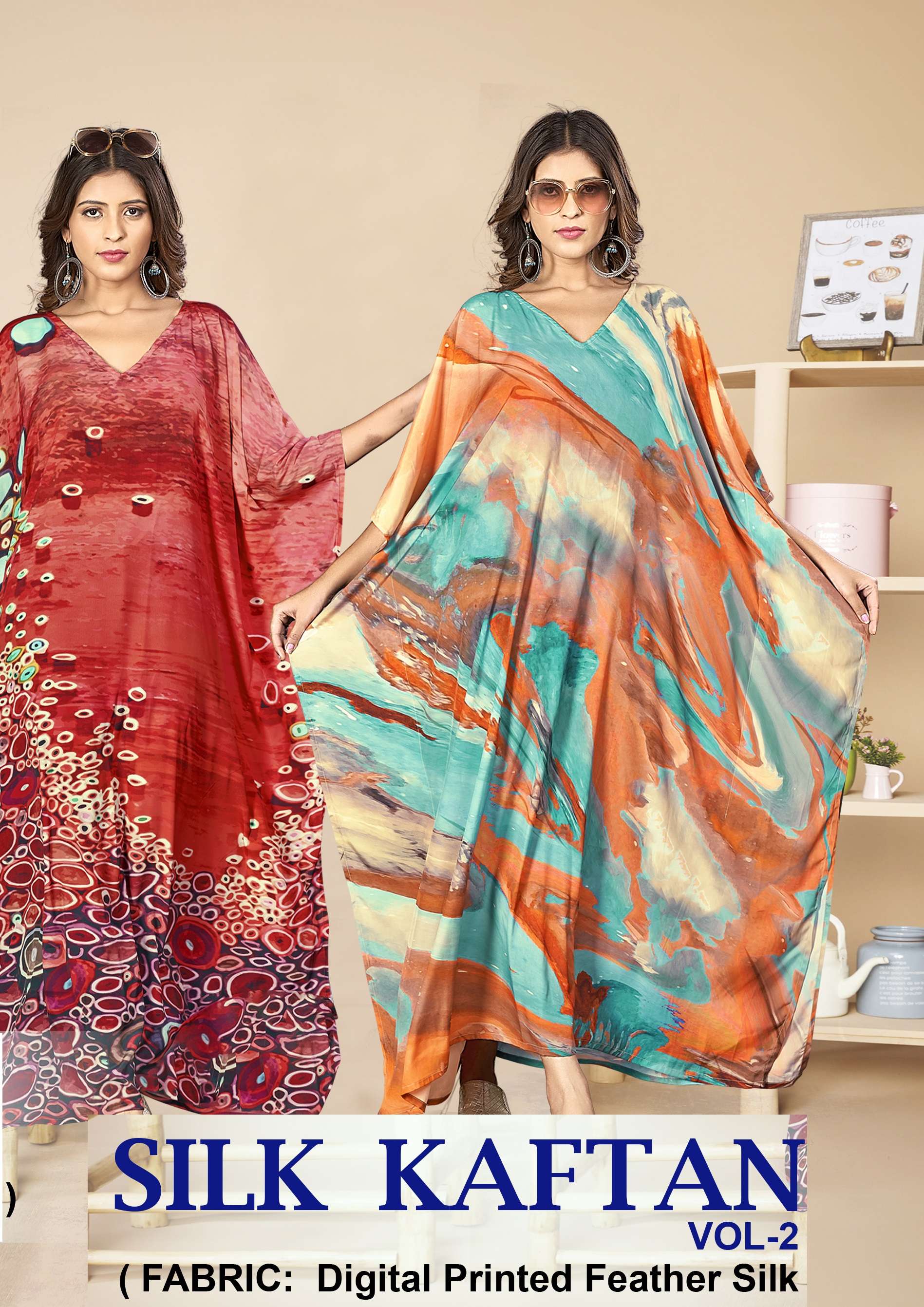 SILK KAFTAN VOL-2 BY JISHA FEATHER SILK DIGITAL PRINT KAFTANS