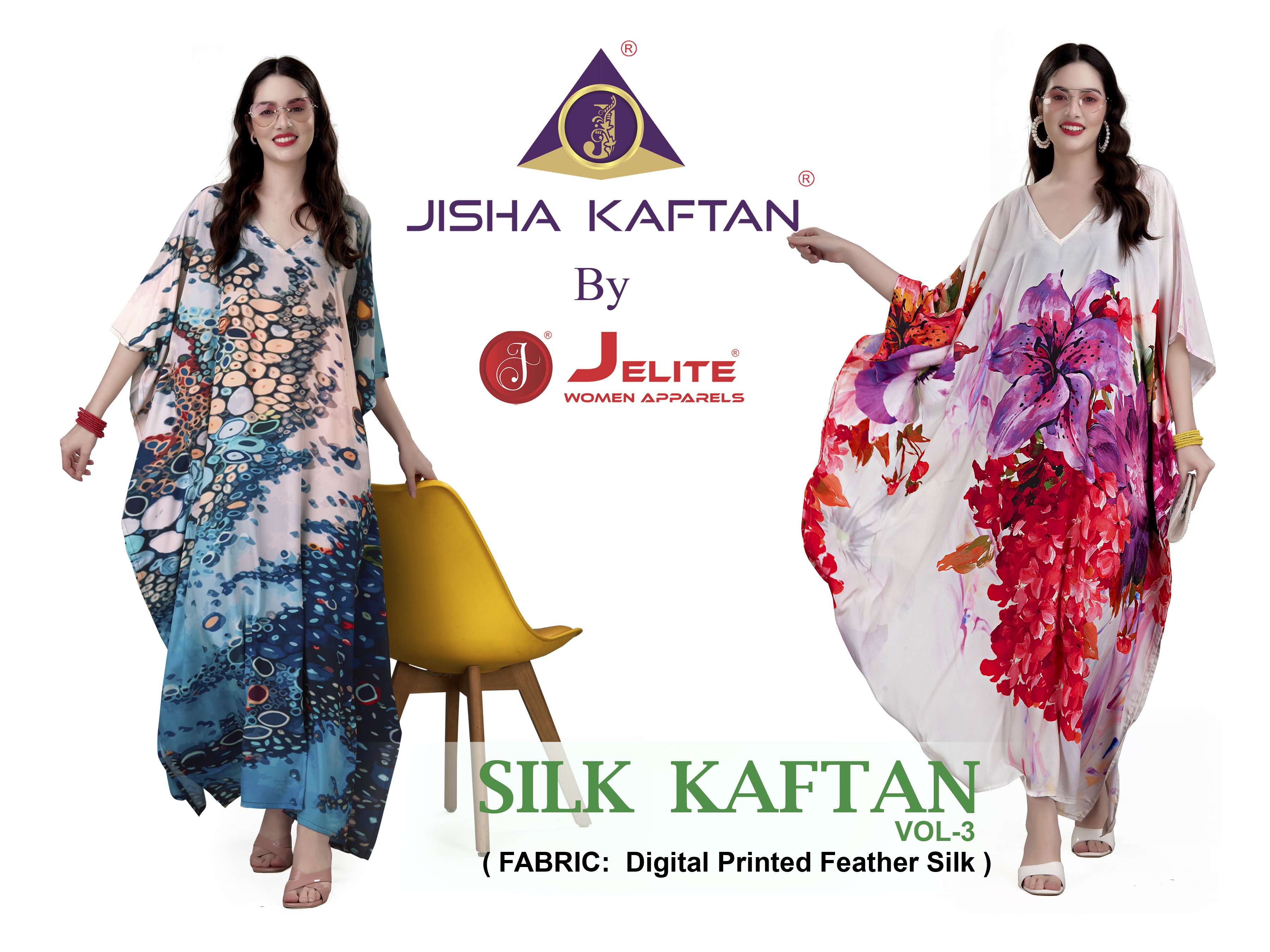 SILK VOL-3 BY JISHA 117 TO 124 SERIES FEATHER SILK PRINT KAFTANS