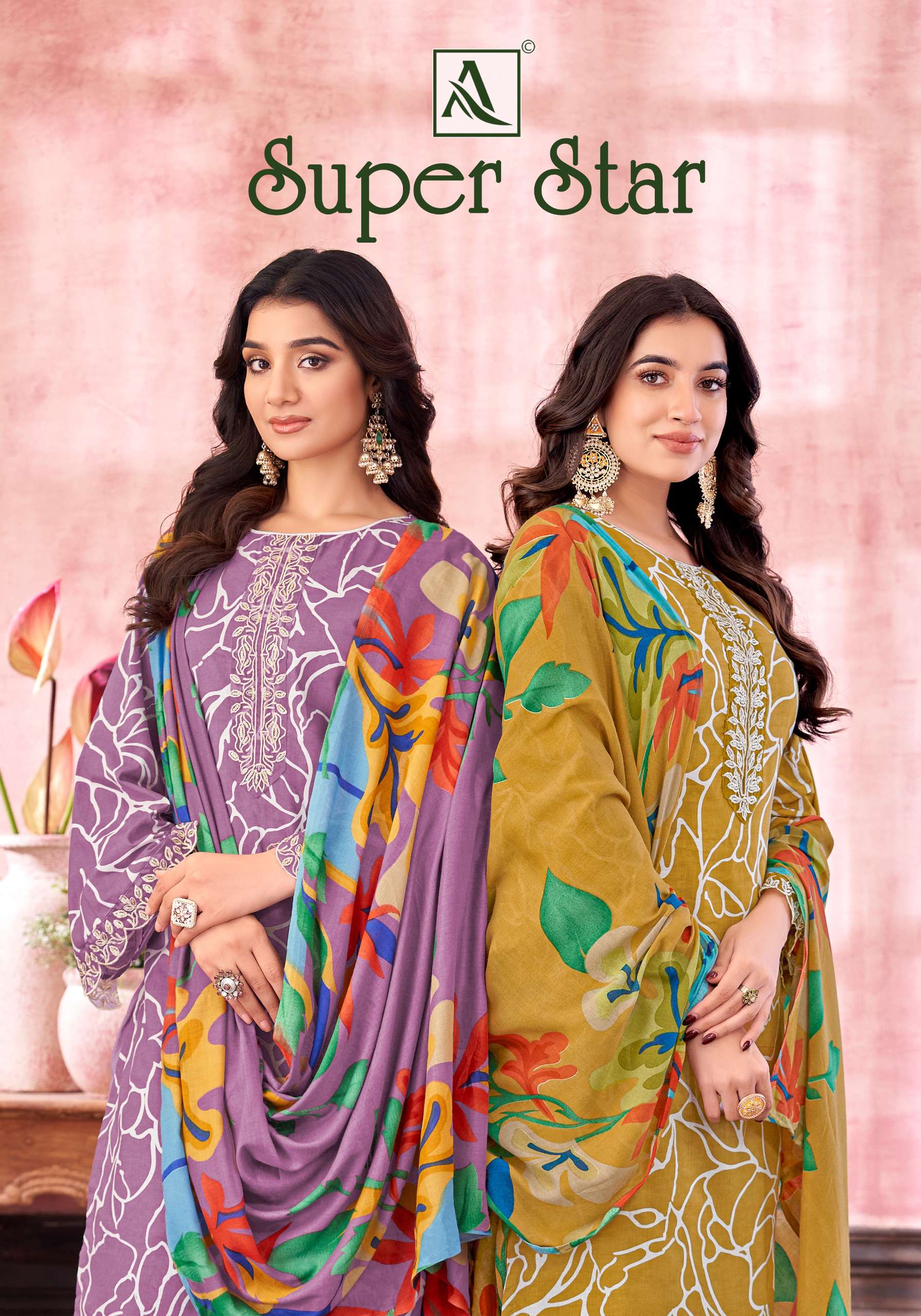 SUPER STAR BY ALOK SUIT 1713-001 TO 1713-006 SERIES CAMBRIC PRINT WORK DRESSES