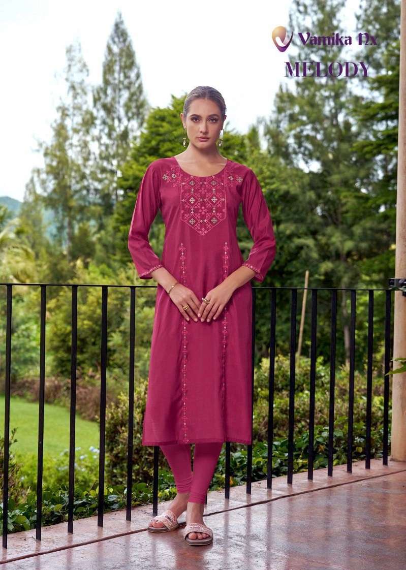 MELODY BY VAMIKA NX 2709 TO 2713 SERIES PV CHANDERI WORK KURTI & PANT SET