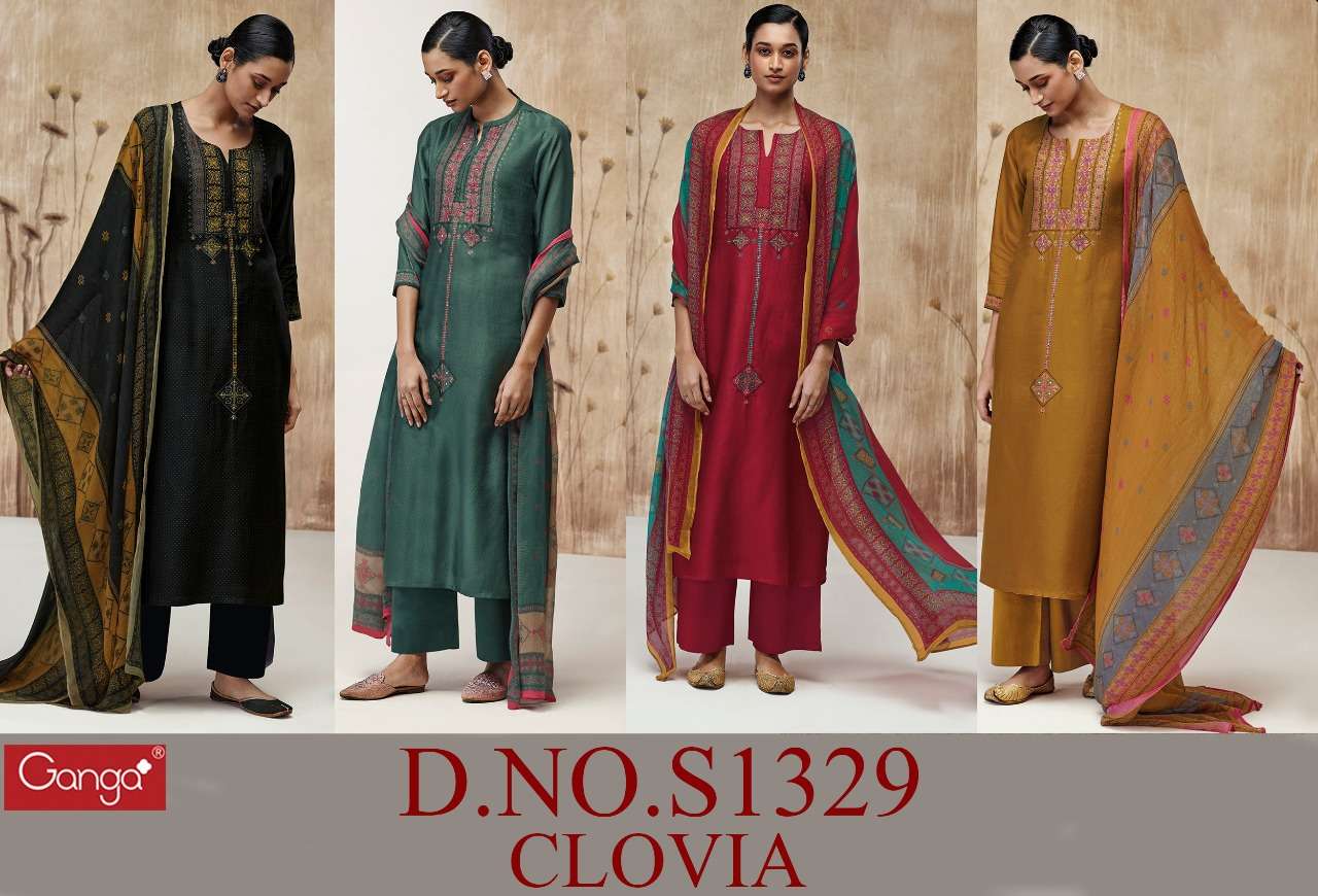 CLOVIA BY GANGA FASHION 1329 A TO 1329 D SERIES RUSSIAN SILK WORK DRESSES